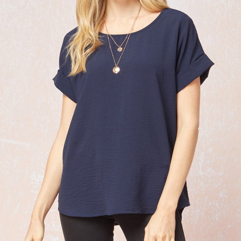 Scooped Neck Top with Rolled Sleeves by Entro